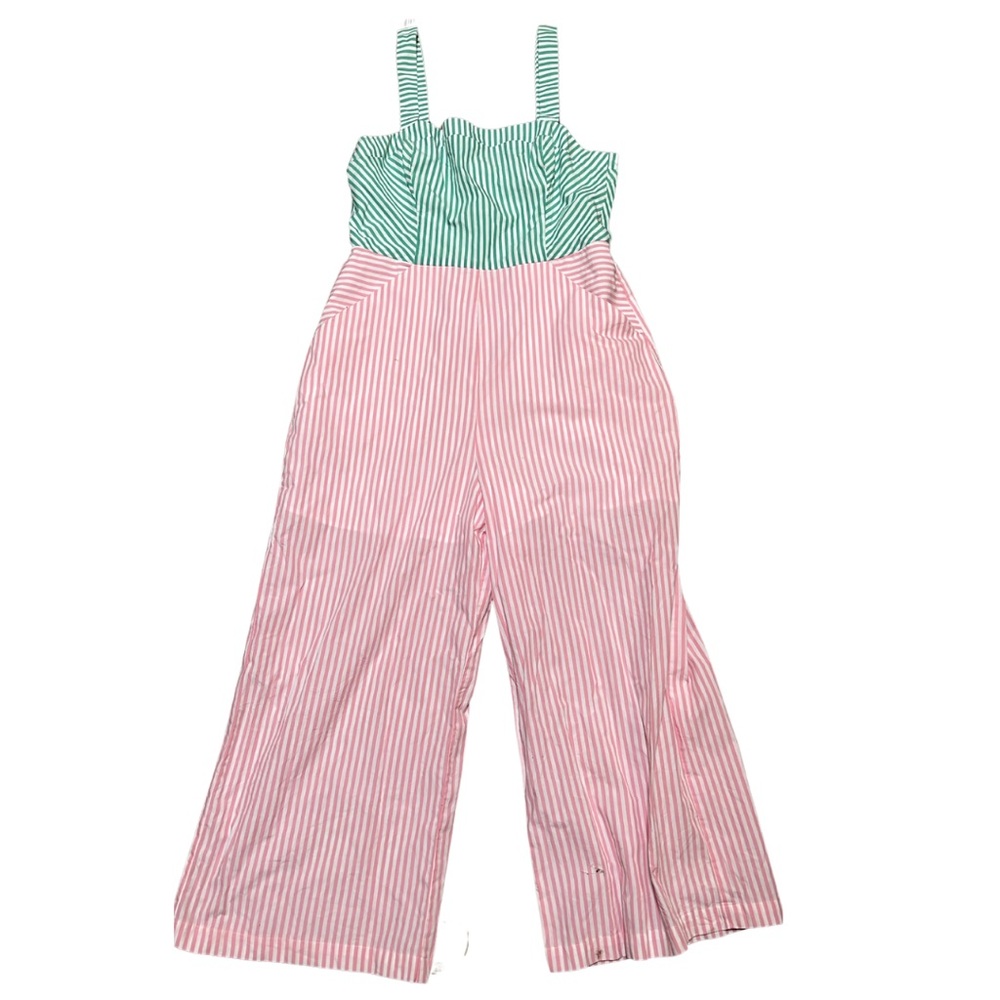 BCBGENERATION Asymmetric Colorblocked Pink & Green Striped Jumpsuit sz 12